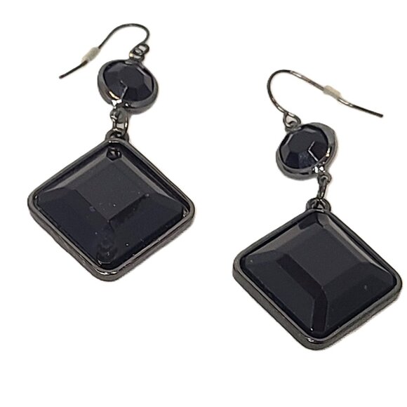Black Gem Stone Diamond Silver Tone Balls Bead Drop Dangle Hook Earrings - Picture 1 of 5